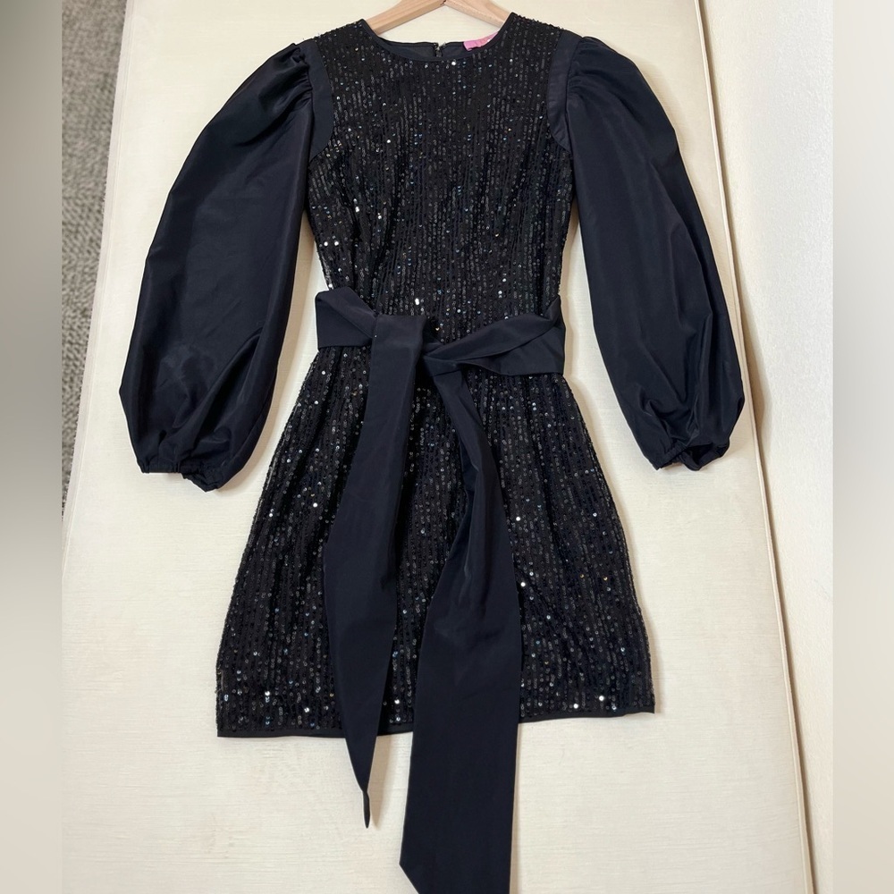 LDT Black Dress Sequin Mini Puff Sleeve Tie Waist Cocktail Holiday Party Glam